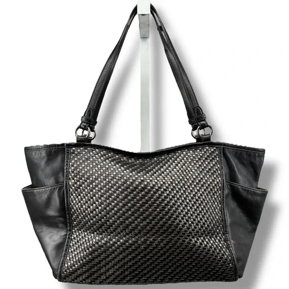 Coach F31285 Black Woven Leather Tote Shoulder Bag Zip Top Classic Everyday - Picture 2 of 13